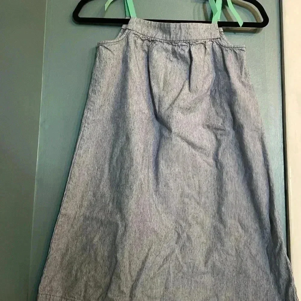 Hanna Anderson girls 100% cotton dress - blue with teal ribbon ties -140